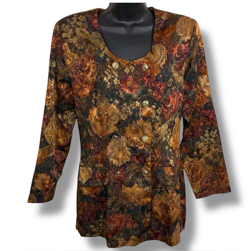 Vintage 11/12 Marnie West Floral Button Up Top Earth Tones Gold Buttons 80s